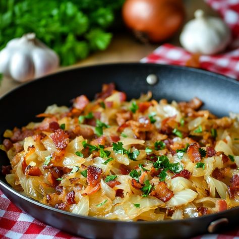 Cabbage With Bacon Onion And Garlic, Fried Cabbage With Bacon And Onion, Fried Cabbage With Bacon, Cabbage With Bacon, Vegetable Stir Fry Recipe, Bacon Fried Cabbage, Low Calorie Vegetables, Grandmothers Kitchen, Garlic Recipe