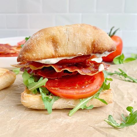 Today, we're making Prosciutto BLT with Herb Mayo! This sandwich...wow. We're not reinventing the wheel or anything here. But, we are giving it a little bit of a snazzy upgrade. And, the end result is a mouthwatering sammie that's been on repeat at my house for weeks now. I just can't get enough! And now, it's time for me to share the beauty with you.First off, this isn't technically a BLT anymore, because we've swapped out some ingredients that don't quite match up to the acronym. B… Blt On Ciabatta, Herb Mayo, Ciabatta Roll, Crispy Prosciutto, Sandwich Sauces, Blt Salad, Italian Deli, Blt Sandwich, Ciabatta Bread