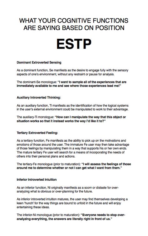 How ESTP cognitive functions manifest based on their position in the stacking. Read more: http://thoughtcatalog.com/heidi-priebe/2015/12/how-each-cognitive-function-manifests-based-on-its-position-in-your-stacking/ Mbti Functions, Entp And Intj, Introverted Thinking, Mbti Test, Enfp Personality, Enneagram 4, Enfp T, Cognitive Functions, Myers Briggs Personality Types