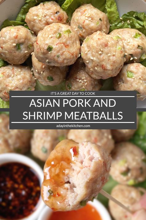 Pork And Shrimp Meatballs, Chinese Pork Meatball Recipe, Ground Pork And Shrimp Recipes, Pork Balls Recipe, Pork Meatballs Asian, Asian Appetizers For Party, Chinese Entrees, Vietnamese Meals, Shrimp Meatballs