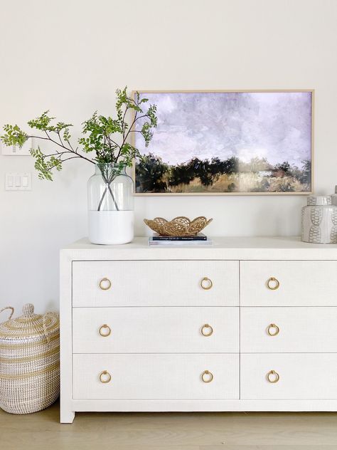 Serena & Lily Driftway dresser in chalk, loving this beautiful and functional addition to my coastal inspired bedroom design. White Dresser With Gold, Dresser With Gold Hardware, Modern White Dresser, Office Bookshelf Decor, Coastal Dresser, Life On Cedar Lane, Dresser Styling, Simple Dresser, Bedroom Addition