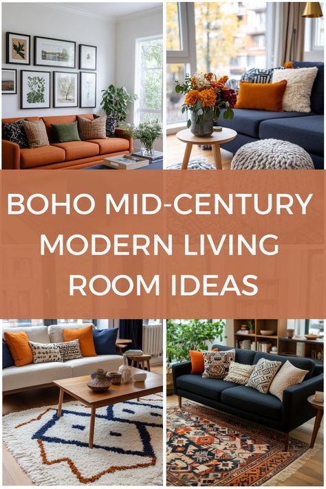 Collage of modern living rooms with boho mid-century decor and vibrant textiles. African Boho Living Room Modern, Mid Century Modern Mixed With Traditional, Modern Boho Style Living Room, Century Modern Living Room, Mid Century Bohemian Decor, Mid Mod Decor, Mid Century Furniture Design, Mid Century Modern Wall Decor Ideas, Colorful Mcm Living Room