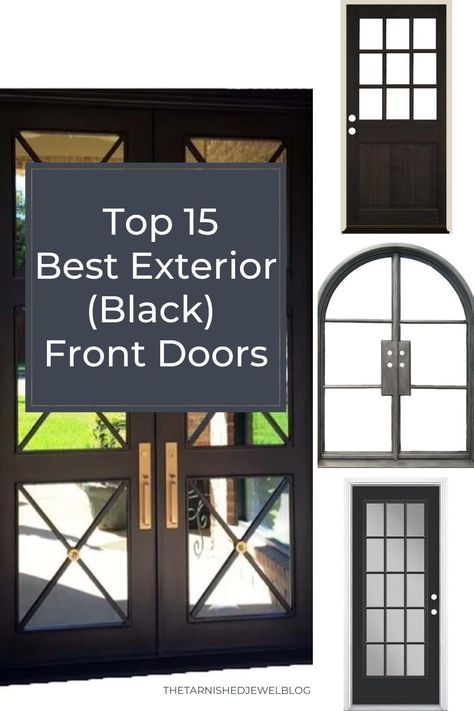 Modern Farmhouse Black Front Door, Black Front Double Doors Entryway, Black Metal Doors Exterior, Front Door For Modern Farmhouse, Black Front Doors With Glass Panels, Double Front Doors Black, 2023 Front Door Trends, Black Front Entry Door, Black Exterior Doors Front Entry