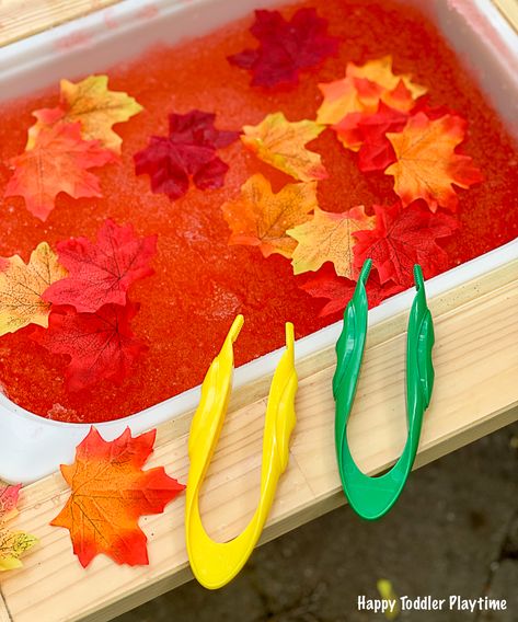 Autumn Slime Goop Sensory Bin - Happy Toddler Playtime Leaf Sensory Activities, Leaf Sensory Bin, Autumn Eyfs Activities, Autumn Eyfs, Fall Sensory Bin, Sensory Tables, 2023 School, Happy Toddler, Eyfs Activities