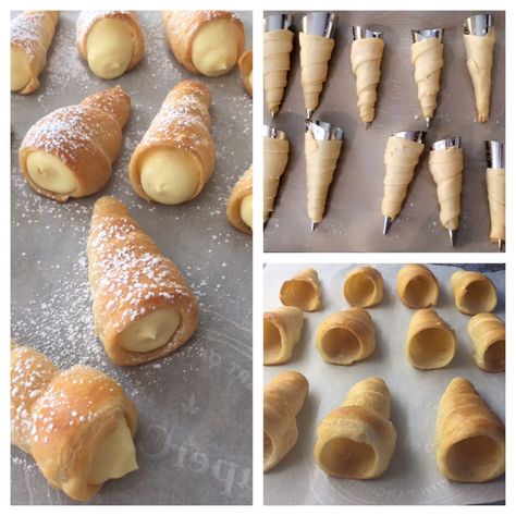 Quick Cannolis!   Pillsbury crescent roll dough was wrapped around cannoli forms to make the cannoli shell. The filling was made by folding vanilla pudding into whipped cream. Cream Puff Pie, Welcome To Good Burger, Sweet Puff Pastry, Cream Horn, Cannoli Shells, Pillsbury Crescent, Dessert Cups Recipes, Waffle Maker Recipes, Party Appetizers Easy