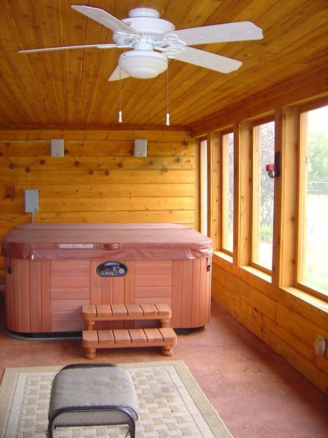 An under deck screen-in porch is the perfect spot for a hot tub. Porch With Hot Tub, Patio Under Decks, Jacuzzi Room, Hot Tub Landscaping, Under Deck, Hot Tub Room, Hot Tub Patio, Hot Tub Gazebo, 4 Season Room