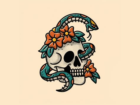 Traditional Tattoo Wallpaper, American Traditional Skull, Tattoos Eyes, Katie Cooper, Traditional Snake, Traditional Skull, Traditional Snake Tattoo, Americana Tattoo, Skull And Snake