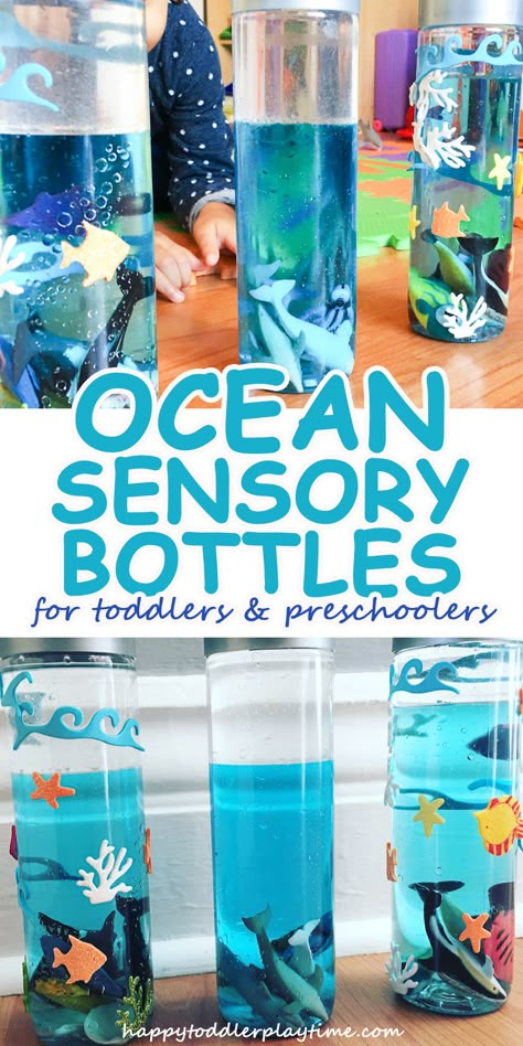 Ocean In The Bottle, Find It Bottle Diy, Bluey Sensory Activities, Ocean Bottle Craft, Ocean In A Bottle Craft, How To Make A Sensory Bottle, Ocean In A Bottle For Kids, Ocean Sensory Room, Ocean Themed Activities For Toddlers