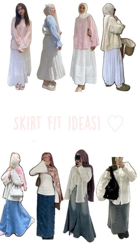 Jean skirt fits and white skirt fits! Skirt Fit Ideas, Modest Girly Outfits, Simple Style Outfits, Color Combos Outfit, Cute Modest Outfits, Muslim Outfits Casual, Modest Summer Outfits, Modesty Fashion, Hijabi Outfits Casual