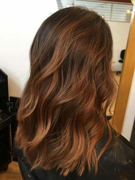 Copper balayage Chestnut Copper Balayage, Caramel Copper Balayage Dark Brown, Copper Ombre Brunette, Copper Balayage Brown Hair, Brunette Copper Hair Balayage, Brown Hair Copper Balayage, Copper Brunette Balayage, Brown Hair With Copper Balayage, Brown To Copper Balayage