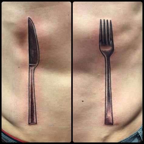 Fork & Knife Rib Tattoo! Fork Knife Spoon Tattoo, Knife Tattoo Ribs, Chef Knife Finger Tattoo, Kitchen Knife Tattoo Design, Chefs Knife Tattoo Design, Rib Tattoo, Fine Line Tattoos, Line Tattoos, Tattoos