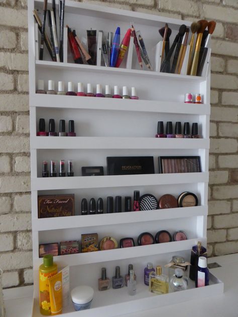 The current turnaround time is 3-4 weeks! **************************************** -15% OFF if you purchase 2 non-custom items (over 30$ each) plus combined shipping - mirrors are excluded! Send me a message for extra details! ****************************************** Beautiful extra large wall rack organizer for your makeup, your nail polishes or both of them! A top row with six clear pencil/brushes holders, four/five rows for your makeup or nail polishes and a larger bottom shelf, 5,1 d... Makeup Organization Ikea, Diy Makeup Storage Organizers, Hanging Makeup Organizer, Diy Makeup Organizer, Diy Shelves Bathroom, Rangement Makeup, Organization Shelves, Makeup Shelves, 20 Makeup