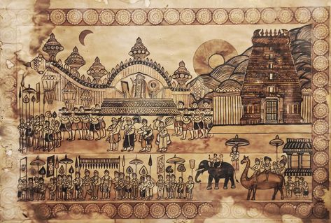 Paper painting of a temple complex, Madurai School, early 19th century CE, Kerala Folklore Museum, Kochi Kerala Illustration, Kerala Architecture, Temple Art, History Painting, Paper Painting, Madurai, Black And White Portraits, Kochi, Indian Art