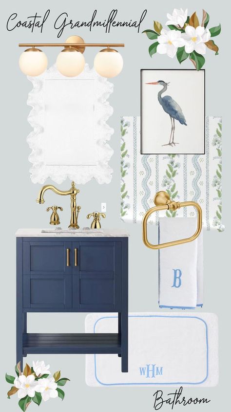 Bathroom With Peel And Stick Wallpaper, Nautical Half Bath, Wallpaper Behind Vanity Bathroom, Coastal Mirrors Bathroom, Grand Millennial Bathroom, Contemporary Coastal Bathroom, Coastal Powder Room Ideas, Coastal Guest Bathroom, Restroom Interior