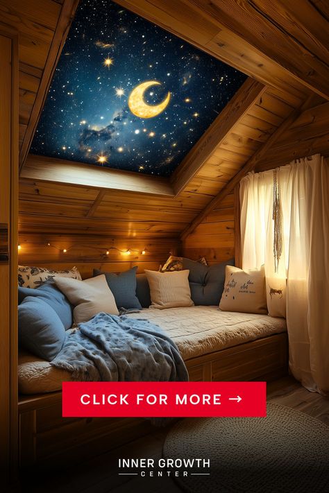 A cozy wooden alcove with a built-in daybed features a celestial ceiling mural of a glowing crescent moon and stars, complete with soft lighting and plush pillows Cosmic Room, Astrology Room, Curated Spaces, Zodiac Energy, Zodiac Aesthetic, Cosmic Energy, Practical Design, Nook, Energy Home