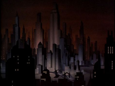 Gotham City - Bruce Timm's art deco, film noir-inspired designs for Batman Adventures - http://www.gothamcalling.com Gotham Painting, City Reference, Batman City, Cityscape Background, Art Deco City, Dark Deco, Batman Adventures, Batman Animated, Background Reference