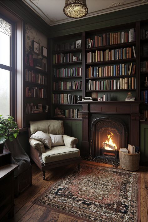 15 Tips for Creating a Small Moody Office – Everyday Inspo Dark Academia Small Home Library, Masculine Reading Nook, Tiny Reading Room Ideas, Reading Room Dark Academia, Dark Moody Reading Nook, Cozy Dark Office, Reading Nook Dark Academia, Dark Academia Small Room, Dark Academia Small Office