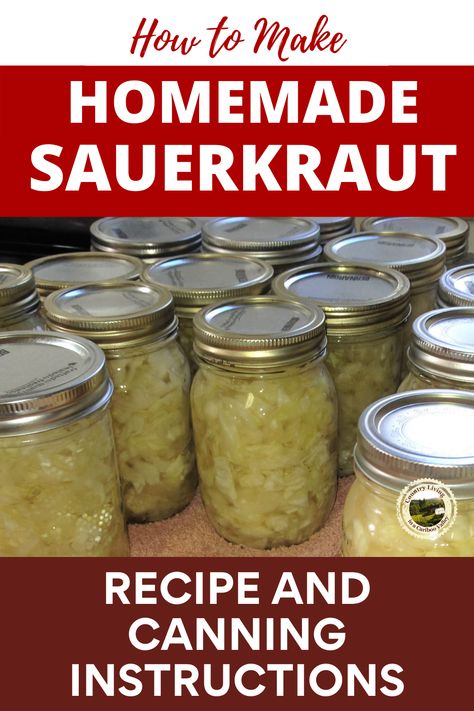 Canning Sauerkraut In Jars, Homemade Sauerkraut Recipes Fermenting, Diy Sauerkraut How To Make, Sauerkraut Recipes For Canning, Canning Saurkraut Recipes, Canning Homemade Sauerkraut, Saurkraut Recipes Homemade Quick, How To Can Sauerkraut Mason Jars, How To Make Sauerkraut In A Jar