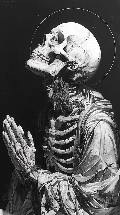 Skull Looking Up Drawing, Skeleton Art Aesthetic Dark, Angel And Devil Art, Horror Artwork Creepy Dark Art, Praying Skeleton Tattoo, Skeleton Background Aesthetic, Skull Violin, Skull Praying, Skull Side Profile