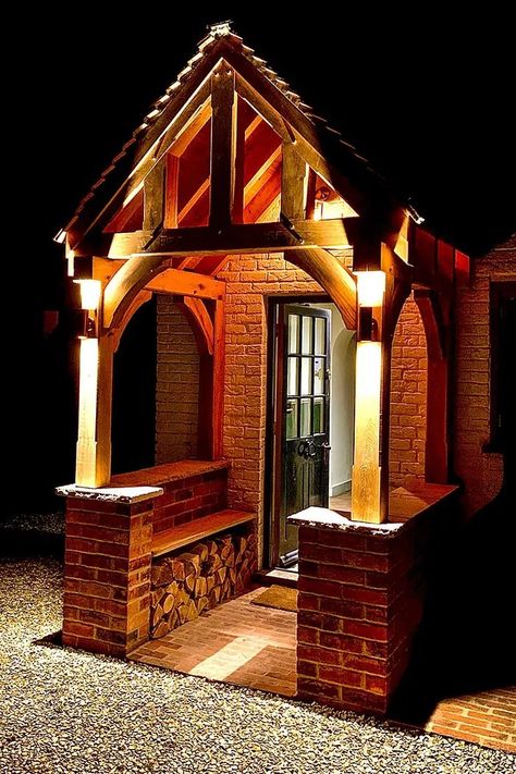 Oak Porch Lighting Ideas, Doorway Ideas, Side Porch Ideas, Oak Porches, Porch Oak, Oak Porch, Porch Extension, Timber Frame Porch, Brick Porch