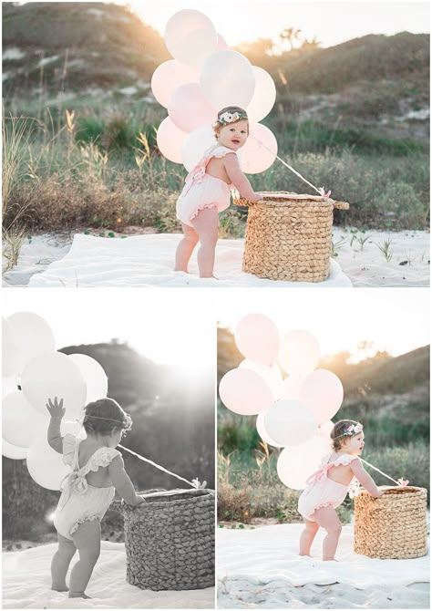 First birthday picture ideas with balloons and a basket during the sunset at the beach. Maris Kirs Photography. North Florida family photographer Sunset First Birthday Photos, First Birthday Photo Shoot Beach, First Birthday Photo Shoot Ideas Beach, First Birthday At The Beach, First Birthday Beach Photoshoot, One Year Old Beach Photoshoot, Beach First Birthday Pictures, Pre Birthday Shoot Baby Girl, 1st Birthday Beach Photoshoot