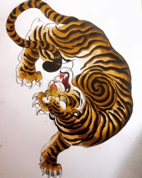 | alix ge tattoos Japanese Tiger Art, Tiger Hand Tattoo, Japanese Tiger Tattoo, Backpiece Tattoo, Japanese Tiger, Watercolor Tiger, Tiger Drawing, Chinese Tattoo, Japanese Drawings