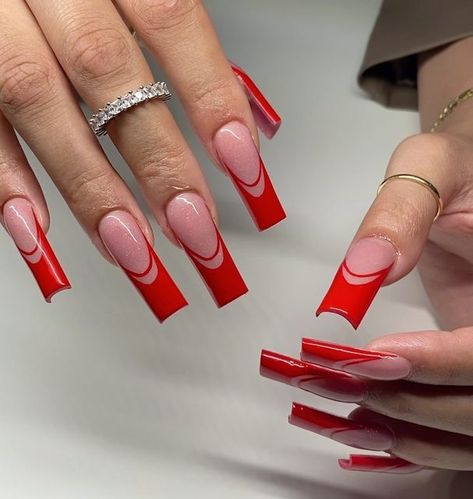 Red Frenchies Acrylic Nails, Red French Tip With Design, Red Nails Inspiration Art Designs, Red French Tip Nails Design, Red Frenchies Nails, Red Nails With White French Tip, Red French Nail Designs, Red French Tip Nails With Design, Red And White French Tip