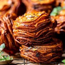 Parmesan Thyme Sweet Potato Stacks, Sweet Potato Stacks, Bourbon Sweet Potatoes, Sweet Potato Dishes, Potato Stacks, Crispy Chips, Crispy Sweet Potato, 3 Sisters, Half Baked