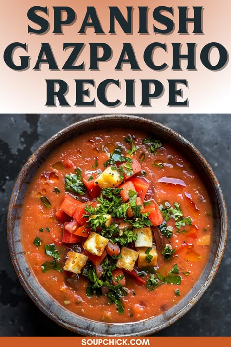 Cool and Zesty Spanish Gazpacho Soup Recipe Authentic Spain Recipes, Spanish Cuisine Recipes, Spanish Gazpacho Recipe, Spanish Soup Recipes, Spanish Soups, Gazpacho Soup Recipe, Spanish Gazpacho, Spanish Soup, Gazpacho Soup