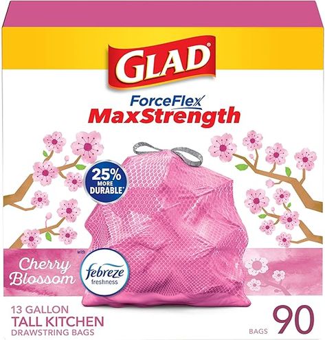 25% MORE DURABLE*: Glad ForceFlex MaxStrength Tall Kitchen Trash Bags are 25% more durable versus Glad 13 gallon ForceFlex tall kitchen bags; packaging may vary
FORCEFLEX MAXSTRENGTH: These bags feature double side seams, a reinforced bottom and grips the can drawstring plus leak and rip protection against leaks, rips and tears
NEUTRALIZES TOUGH TRASH ODORS: Febreze freshness in a delightful Cherry Blossom scent works to trap odors and help eliminate garbage smells in the kitchen Cherry Blossom Scent, Tall Kitchen, Kitchen Bag, Kitchen Trash, Garbage Bags, Trash Bag, Trash Bags, Garbage Can, Fashion Toys