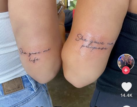 Tattoo For My Mom Ideas Mother Daughters, She Gave Me Life Tattoo, Matching Daughter And Mother Tattoos, Matching Father Daughter Tattoos, Matchy Tattoos, Family Matching Tattoos, Father Daughter Tattoos Meaningful, Mum And Daughter Tattoo, Safe Tattoo