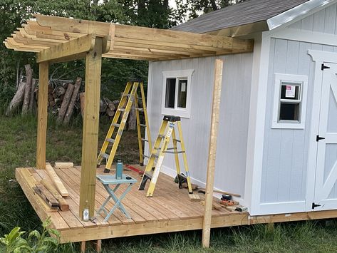 She Shed With Pergola, Shed And Gazebo Combo, Shed Alternatives, She Shed With Deck, Outdoor Shed With Porch, Pergola Off Shed, Adding A Porch To A Shed, She Shed Garden Ideas, Shed With Deck