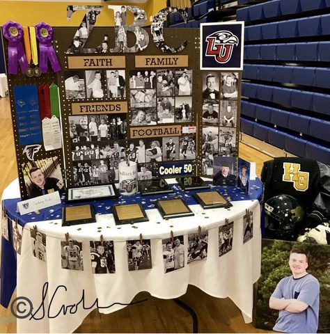 Senior Picture Boards Photo Displays Sports, Senior Sunday Table Ideas, Senior Photo Board Display, Senior Football Table Ideas, Senior Sports Boards, Senior Football Boards, Senior Memory Boards, Senior Night Tables, Senior Night Table Display Basketball