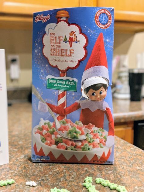 Elf on the Shelf cereal box Elf With Cereal, Elf On Shelf Cereal Ideas, Elf Cereal Ideas, Elf On The Shelf Cereal Ideas, Elf Cereal, Elf On The Shelf Cereal, Elf Ideas Easy Funny, Elf Ideas Easy, Elf Names