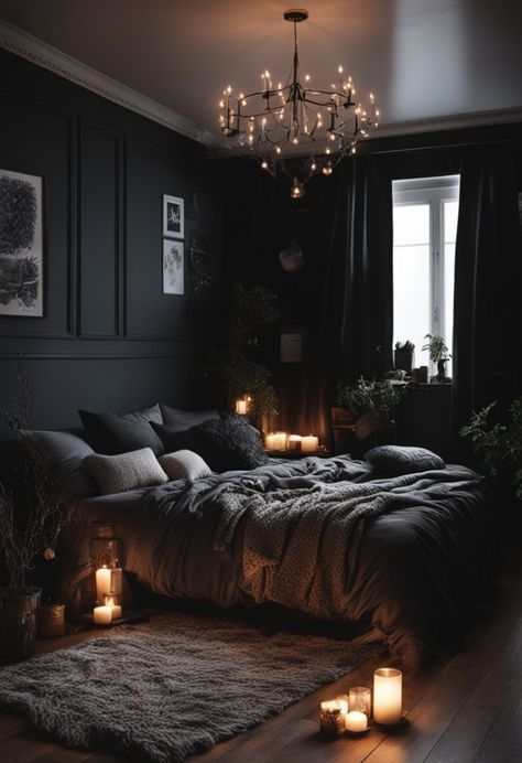 Comfy Bed Aesthetic Dark, Dark Minimal Bedroom, Dark Theme Room, Dark Hygge, Dark Cozy Aesthetic, Dark Cozy Room, Black Room Ideas, Bedroom Aesthetic Dark, Dark Romantic Bedroom