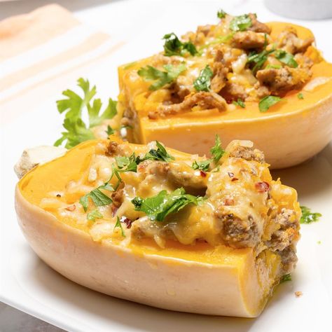 Butternut Squash Shells, Stuffed Squash Recipes, Stuffed Butternut, Squash Recipe, Delicious Thanksgiving, Butternut Squash Recipes, Dinner Sides, Oven Recipes, Sweet Potato Casserole