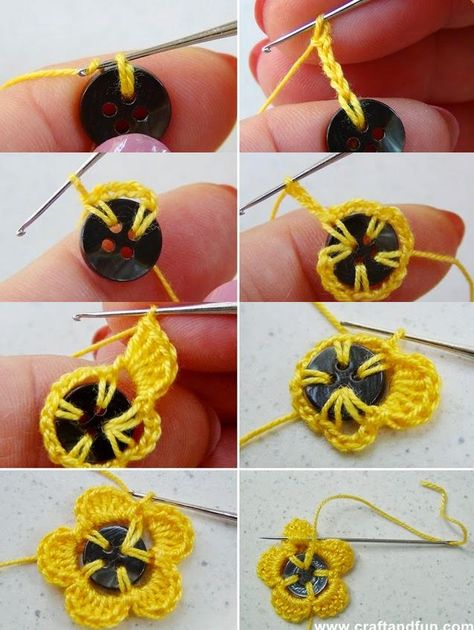 Buttons Crafts Diy, Crochet Button, Fabric Flower Brooch, Crochet Knit Stitches, Crochet Jewelry Patterns, Crochet Earrings Pattern, Crocheted Flowers, Crochet Motif Patterns, Sewing Crafts Tutorials