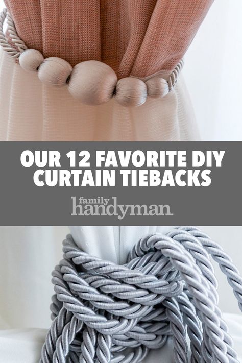 Farmhouse Curtain Tie Back Ideas, Sheer Curtain Tie Back Ideas, Diy Tiebacks For Curtains, Making Curtain Tie Backs, Creative Curtain Tie Backs, Outdoor Curtain Tie Backs Diy, Curtain Tiebacks Ideas Diy, Rope Curtain Tie Back Diy, Curtain Tie Back Ideas Diy