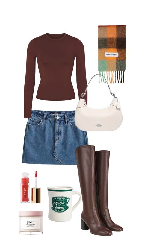 Rory Gilmore Mini Skirt, Outfit With Leather Boots, Fall Boots Outfit Casual, Outfits For Brown Boots, Cute Winter Outfits With Scarf, Denim Skirt Brown Boots Outfit, Cafe Look Outfit, Flat Brown Boots Outfit, Brown Knee High Boots Outfit Fall