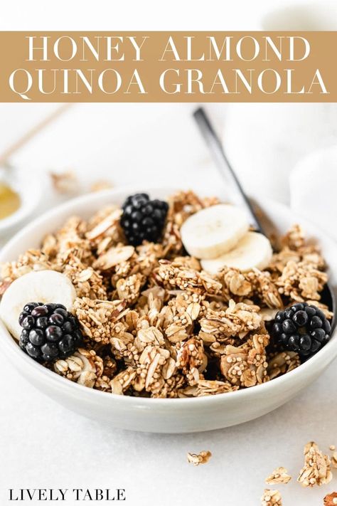 This healthy honey almond quinoa granola made with puffed quinoa and oats is crunchy, lightly sweetened, and full of big clusters. With just 8 ingredients, it's simple to make and perfect for meal prep! Puffed Quinoa Granola, Puffed Quinoa Recipes, Quinoa Granola Recipe, Granola Clusters Recipe, Meal Board, Quinoa Recipes Breakfast, Quinoa Granola, Dietitian Recipes, Quinoa Recipes Easy