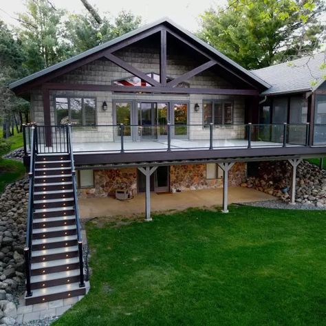 2nd Story Deck Stairs, Double Deck Porch, Back Deck Ideas Two Story, Second Floor Deck Ideas Design, Covered Balcony Ideas Second Story, Second Story Wrap Around Deck, 2nd Story Deck With Patio Underneath, Barndominium With Upper Deck, Elevated Concrete Deck