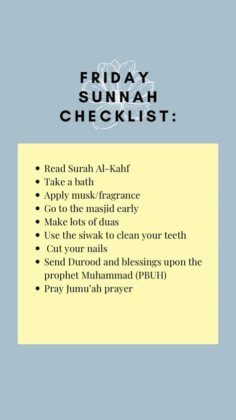 #sunnah #prophetmuhammedpbuh #islam #fridaysunnah #muslim Islamic Study Tips, Friday Sunnah Checklist, Friday Checklist Islam, 12 Sunnah Prayers, Friday Sunnah, Facts About Islam, Islam Journal, Islamic Advice, Islamic Journal