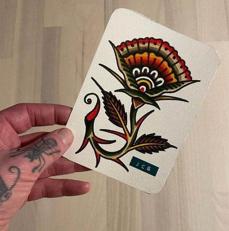 Painted Tattoo Flash, American Traditional Flower Tattoo Flash, Trad Fan Tattoo, Fan Flower Tattoo, Traditional Tattoo Color Palette, Small Traditional Flash, Trad Flower, Flower Fans, Illusion Tattoo