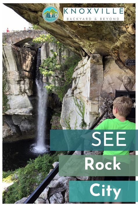 A boy looking from a balcony over to a waterfall coming down a rockface Garden Of Lights, Weekend Family Getaways, City Sign, Lookout Mountain, Family Weekend, City Garden, Mountain Town, Nature Trail, Great Smoky Mountains