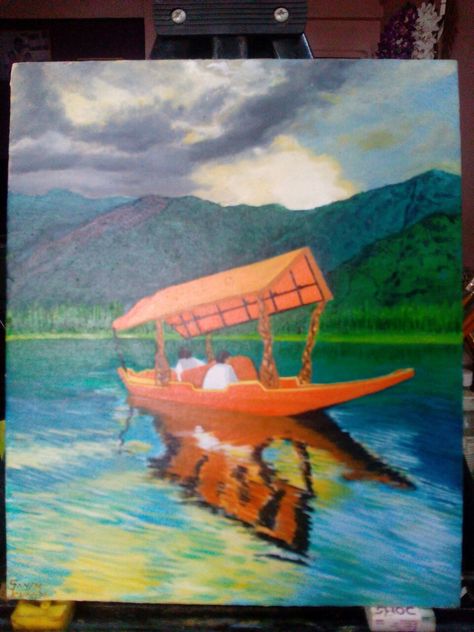 This is oil painting of shikara a boat use in dal lake in kashmir in India on canvas board size 10"x 12"inches. Kashmir Painting, Dal Lake Kashmir, Small Canvas Painting Ideas, Small Canvas Painting, Canvas Painting Ideas For Beginners, Dal Lake, Painting Ideas For Beginners, Small Canvas Paintings, Boat Art