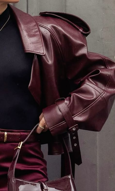 Cherry Red Aesthetic, Burgundy Outfits, Maroon Aesthetic, Burgundy Aesthetic, Burgundy Outfit, Cherry Wine, Leather Jacket Outfits, Red Cherry, Street Look