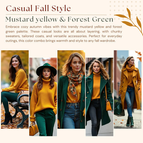 Models wear casual fall outfits in mustard yellow and forest green, featuring chunky sweaters, tailored coats, and layered accessories. These cozy, layered looks are perfect for everyday fall outings, offering warmth and style in a trendy autumn color palette. Mustard Sweater Outfit Fall, Mustard Sweater Outfit, Mustard Yellow Outfit, Yellow Forest, Mustard Yellow Sweater, Chunky Sweaters, Sweater Outfits Fall, Mustard Sweater, Perfect Fall Outfit