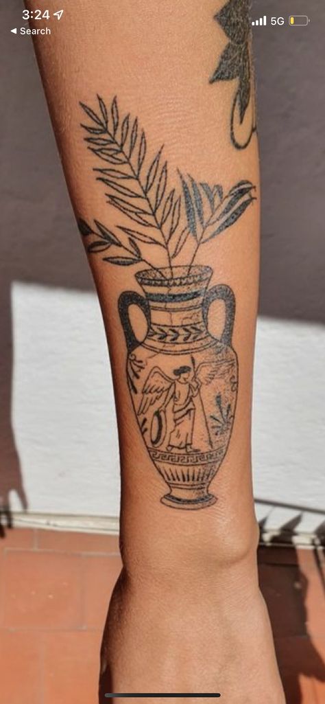 Vase Tattoo Placement, Greek Pot Tattoo, Flower In Vase Tattoo, Vase Back Tattoo, Greek Vase Tattoo, Flower Pot Tattoo, Myth Tattoo, Vase Tattoo Design, Flower Vase Tattoo