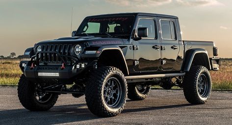 The high-performance Jeep pickup has a 6-inch lift kit and a supercharged Hellcat V8 with 1,000 hp. Hennessey Performance, Gladiator Maximus, Hellcat Engine, Fuel Wheels, Black Jeep, Jeep Pickup, Custom Jeep, Peugeot 2008, Engine Swap