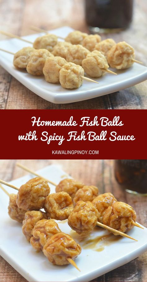 Soft and bouncy, these Homemade Fish Balls with Spicy Fish Ball Sauce are popular Filipino street food. Fish balls can also be used in soups, stir-fry noodles and so much more. Pride Desserts, Pilipino Recipe, Fishball Recipe, Pinoy Dishes, Filipino Delicacies, Finger Snacks, Pinoy Recipe, Filipino Snacks, Filipino Street Food